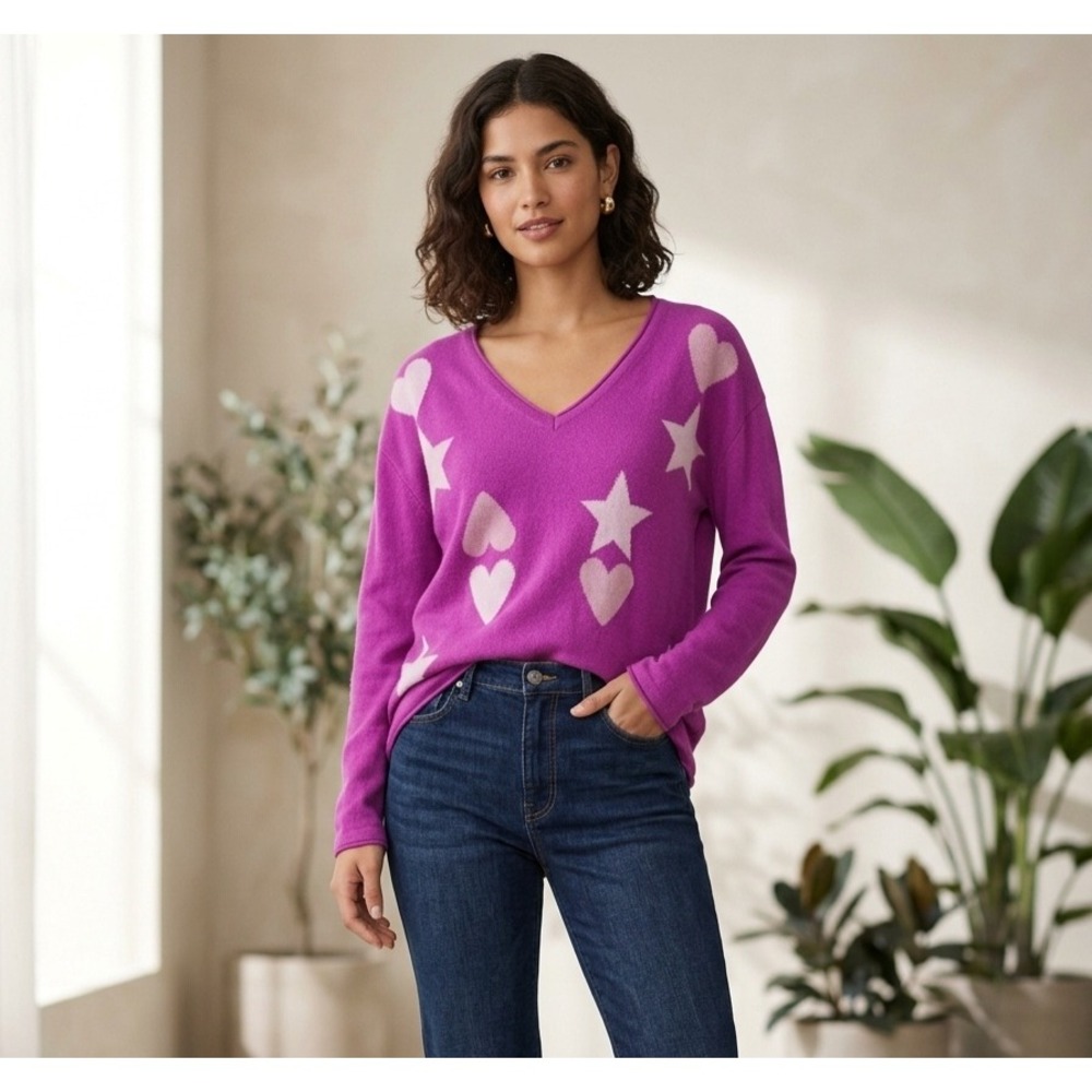 525 America Pink Purple 100% Cashmere Heart Star Intarsia V-Neck Sweater Size L